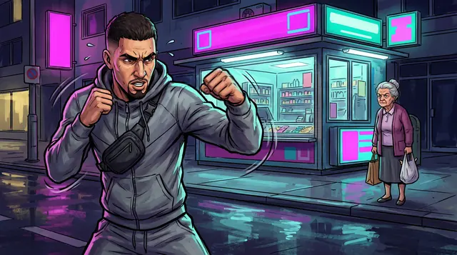 Gemaltes Artwork: Kerim beim Schattenboxen nachts vor einem neonbeleuchteten Kiosk, eine ältere Dame schaut zu.
