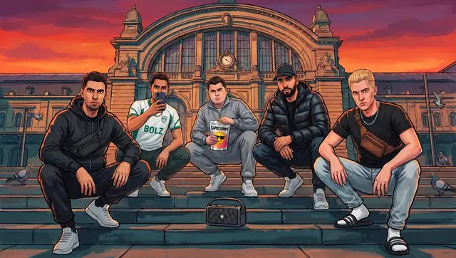 Gemaltes Artwork: Fünf Jungs hocken bei Sonnenuntergang auf den Stufen vor dem Frankfurter Hauptbahnhof, vor ihnen eine Musikbox.