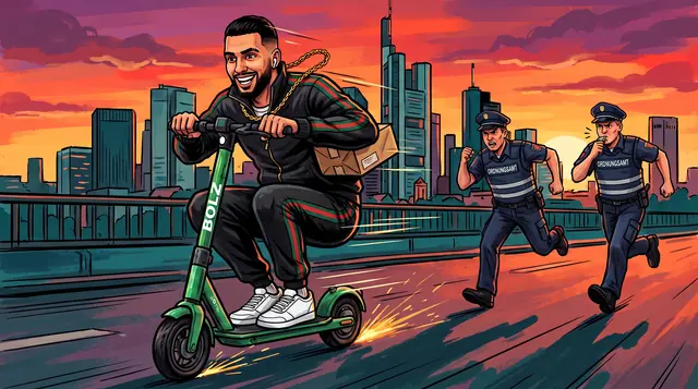 Gemaltes Artwork: Rami rast mit einem Paket auf dem BOLZ-E-Scooter vor der Frankfurter Skyline davon, zwei Mitarbeiter vom Ordnungsamt rennen hinterher.