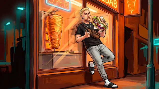 Gemaltes Artwork: Dennis lehnt nachts mit einem Döner in der Hand an der Scheibe eines Dönerladens.