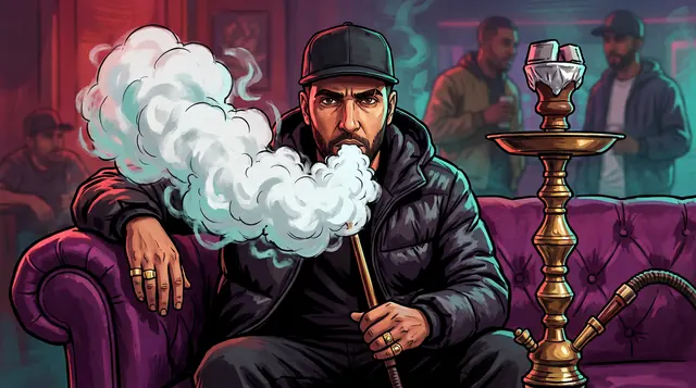 Gemaltes Artwork: Yusuf sitzt mit Cap und Daunenjacke auf einem lila Samtsofa in einer Shisha-Lounge, vor ihm eine große Rauchwolke.