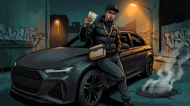 Gemaltes Artwork: Jamal lehnt nachts in einer Seitengasse an einem schwarzen Auto und hält ein paar Geldscheine hoch.