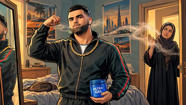 Gemaltes Artwork: Rami posiert mit einer Dose Haargel vor dem Spiegel in seinem Zimmer, seine Mutter steht in der Tür und hebt die Hand gegen die Duftwolke.
