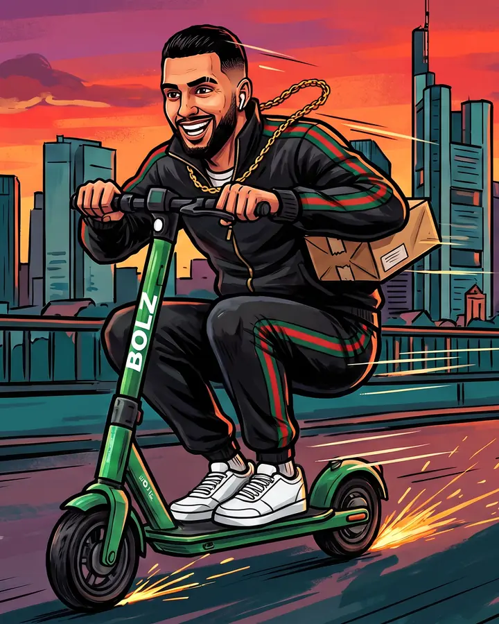 Gemaltes Artwork: Rami rast mit einem Paket auf dem BOLZ-E-Scooter vor der Frankfurter Skyline davon, zwei Mitarbeiter vom Ordnungsamt rennen hinterher.