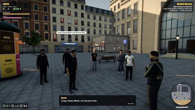 Screenshot: Rami trifft die Jungs auf dem Platz am Hauptbahnhof, unten läuft ein Dialog mit Kerim.