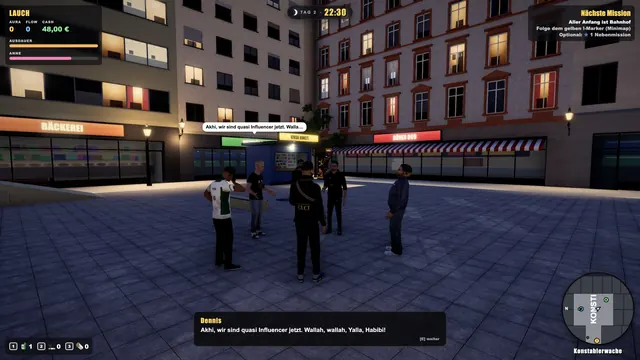 Screenshot: Nachts an der Konstablerwache, Dennis und die Jungs stehen unter den Straßenlaternen.